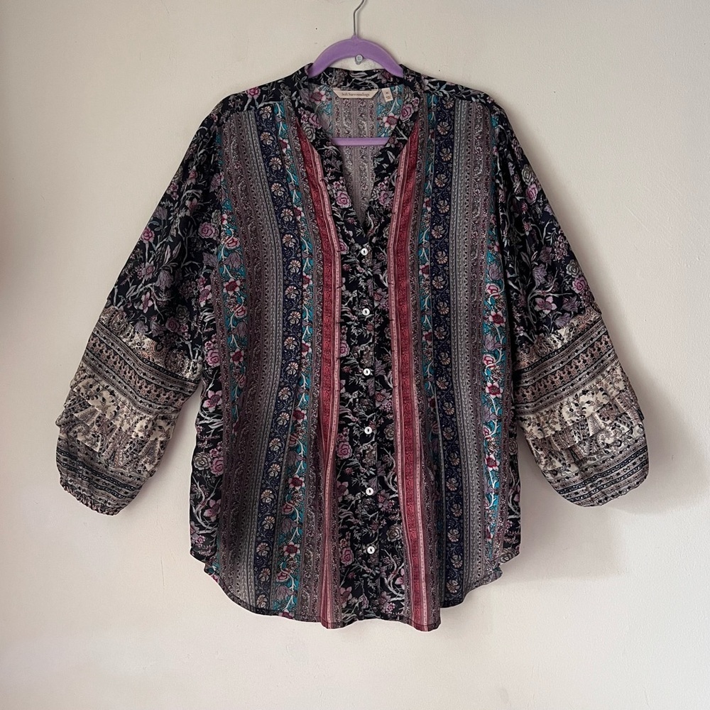 Soft Surroundings Multicolor Floral Stripe Button-Front Blouse - Picture 2 of 13